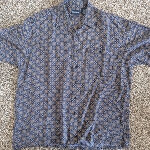 Puritan Vintage Blue And Cream Square Print Short Sleeve Button Down Shirt Large